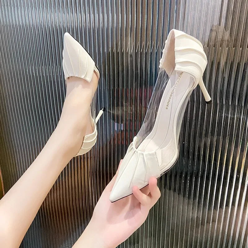 New Luxury Women's Spring and Summer Baotou Transparent Stiletto High Heels Pumps Rhinestone Pointed Single Shoes All-match