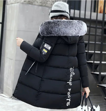Women Winter Fur Collar Hooded Parka Coats Fashion Letter Patch Zipper Long Jacket Elegant Slim Warm Thick Female Snow Outerwear