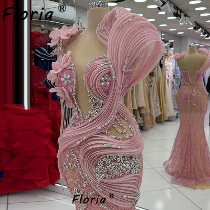 Arabic Pink Mermaid Prom Dress Silver Beads Crystal Sparkly Tassel Party Birthday Dresses Elegantes Customized Formal Gowns 2025