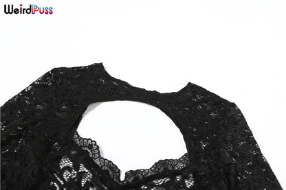 Weird Puss See Through 2 Piece Set Women Sexy  Hollow Jacquard Backless Bodysuit+Leggings Tight Activity Clubwear Skinny Outfits