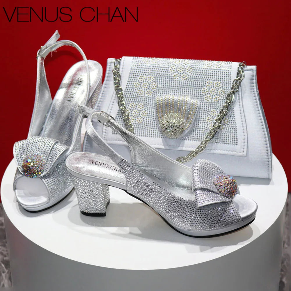 Mature Sweet Spot Good Arrival Peach Color Square Heels Peep Toe Shoes Matching Bag Set For Nigerian Women Wedding Party Pump