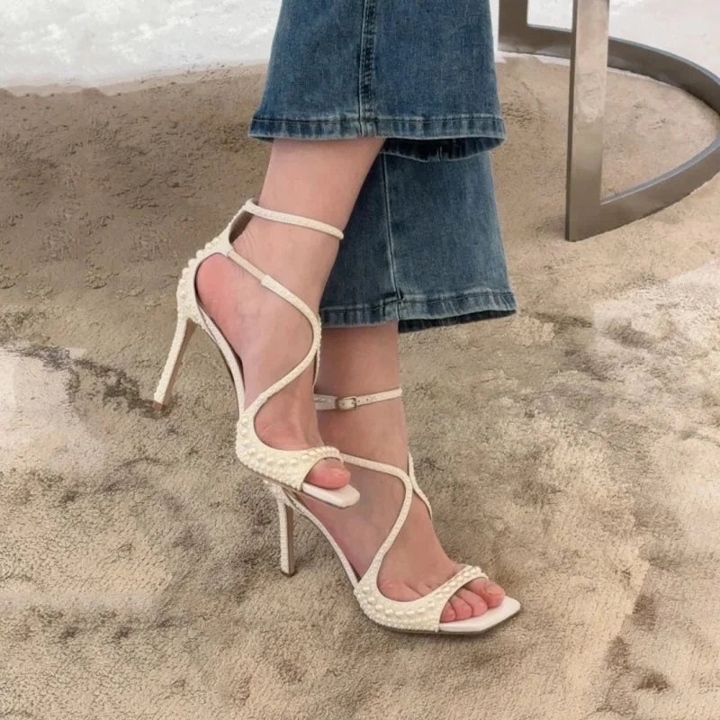 2025 Summer New Luxury White Pearls Decorated Women's Sandals Ankle Straps High Heels Square Toe Party Wedding Sexy Femme Shoes