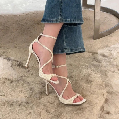 2025 Summer New Luxury White Pearls Decorated Women's Sandals Ankle Straps High Heels Square Toe Party Wedding Sexy Femme Shoes