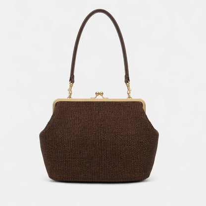 2026 Retro Leather & Straw Woven Bag – Kiss Lock Frame Shell Clutch, Large Capacity Shoulder Tote for Commute Beach Evening