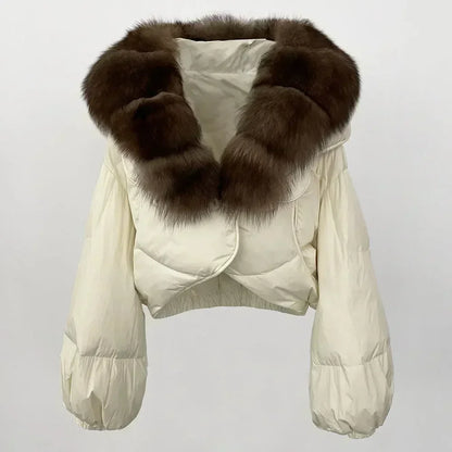 Winter Female White Duck Down Jacket Luxury Loose Short Fashion Casual Women Warm Real Fox Fur Coat Long Sleeve Puffer Jacket