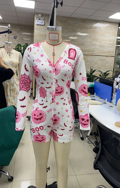 Women's Halloween Romper Pajamas Long Sleeve Button Front Pumpkin Print Bodycon Jumpsuit Shorts Sleepwear