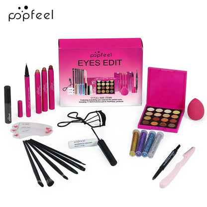 POPFEEL 22-Piece Eye Makeup Set: Includes 16-Color Eyeshadow Palette, Pearl Shimmer, Eyeshadow, Brow Tint, Black Eyeliner