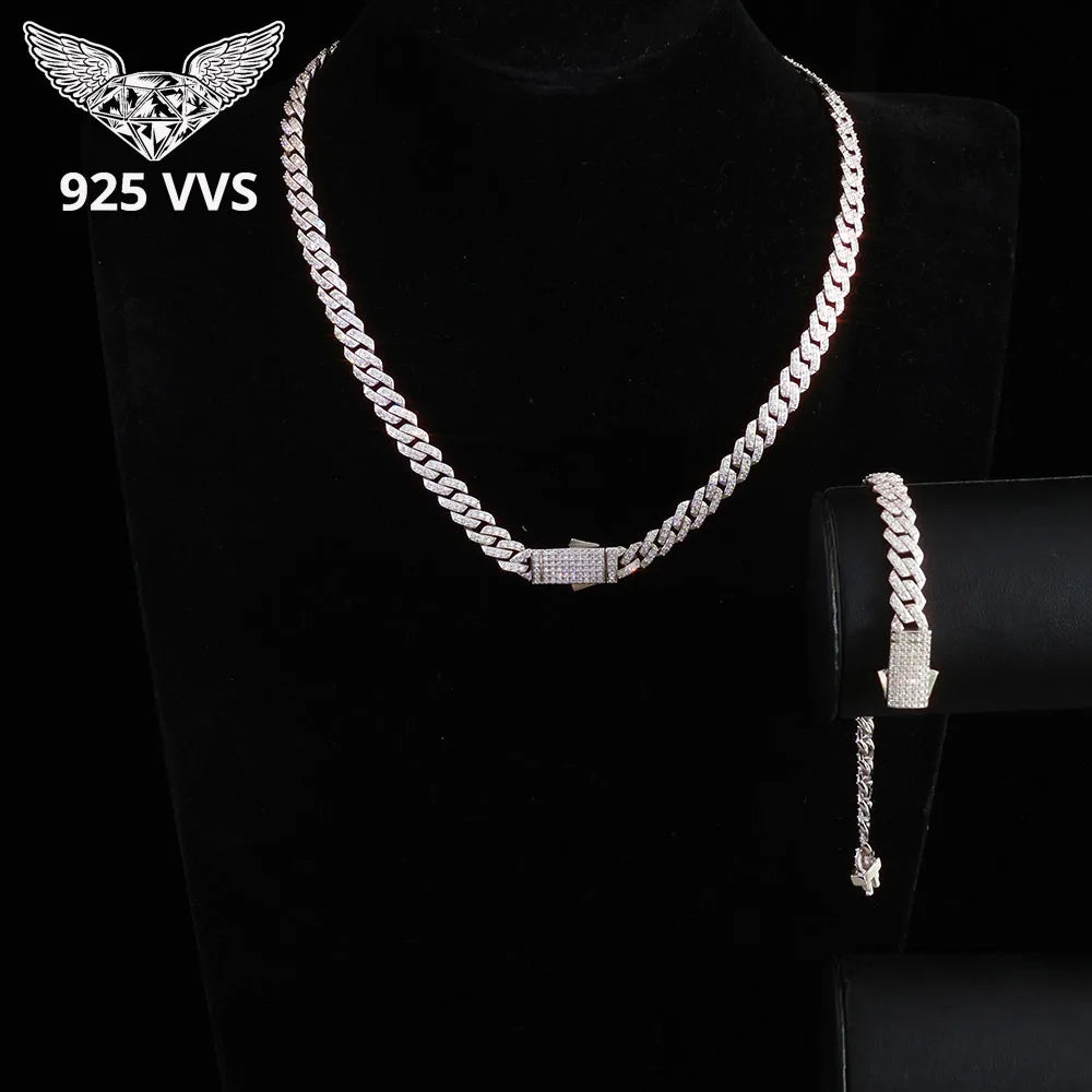 925 Silver 8mm Prong Moissanite Cuban Link Chain Iced Out 1Row Pass Diamond Tester VVS Sterling Silver Necklace Bracelet