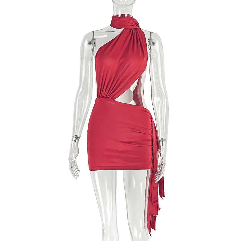 ANJAMANOR Asymmetrical Tassel Halter Backless Mini Dresses White Red Sexy Club Outfits for Woman Birthday Dinner Dress D17-CC20