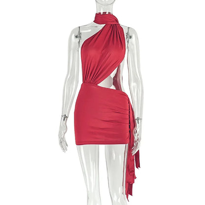 ANJAMANOR Asymmetrical Tassel Halter Backless Mini Dresses White Red Sexy Club Outfits for Woman Birthday Dinner Dress D17-CC20