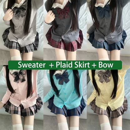 3Pc Set Japanese Korean School Uniforms Multicolor Sweater&Plaid Pleat Skirt with Bow Jk Uniform Suit Graduation Costumes Women