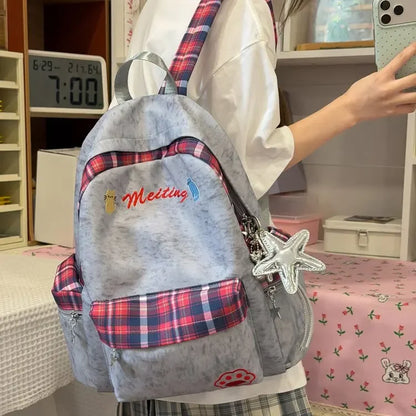 Preppy Style Blue Backpack for Girls, Plaid Spliced School Bag, Cute Nylon Daypack Star Pendant, Large Capacity Student Rucksack
