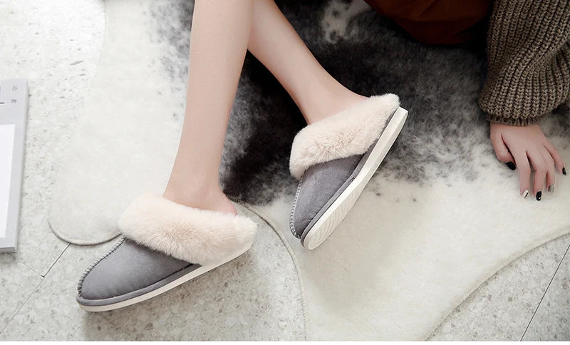 2025 Winter Warm Home Fur Slippers Women Luxury Faux Suede Plush Couple Cotton Shoes Indoor Bedroom Flat Heels Fluffy Slippers