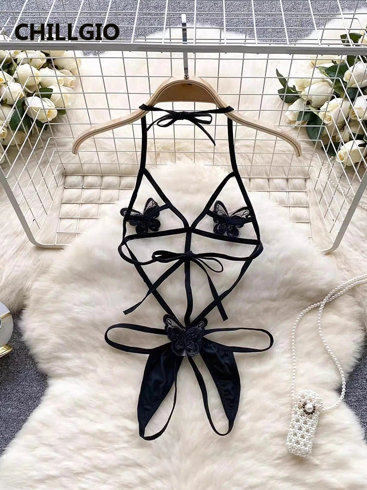 CHILLGIO Women Transparent Sexy Butterfly Bodysuits Erotic Fashion One Piece Tight Onesie Slim Catsuits Strappy Rompers Lingerie