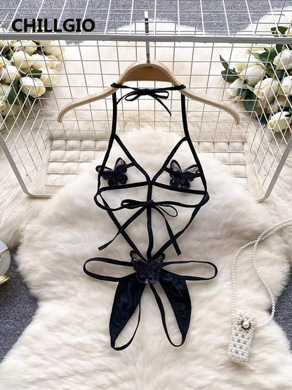 CHILLGIO Women Transparent Sexy Butterfly Bodysuits Erotic Fashion One Piece Tight Onesie Slim Catsuits Strappy Rompers Lingerie
