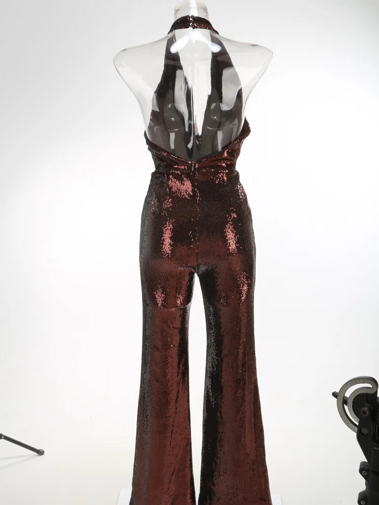 VC Gold Elegant Jumpsuits For Woman Luxury Brown Sequins Design Fashion Party Sexy Backless Sleeveless One Piece Female Clothing