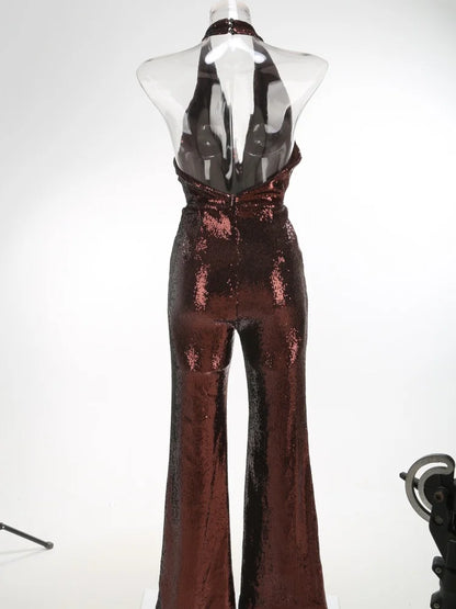 VC Gold Elegant Jumpsuits For Woman Luxury Brown Sequins Design Fashion Party Sexy Backless Sleeveless One Piece Female Clothing