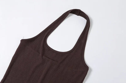 European Fashion Women's Solid Color Hollow Hanging Neck and Backless One-piece Sports Shorts with High Waist and Tight Fit