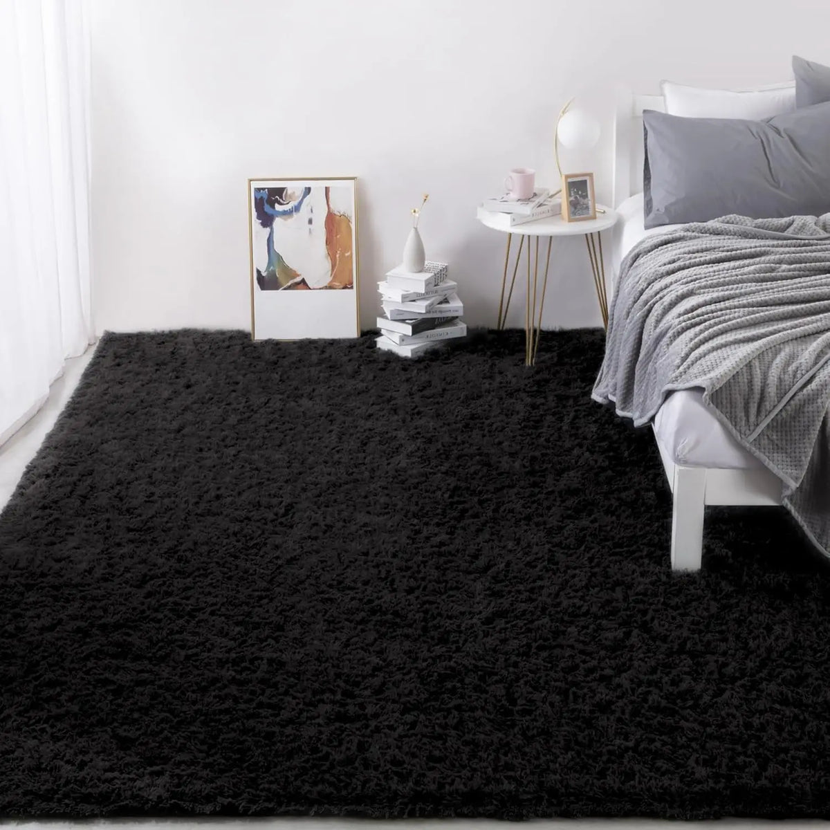 Fluffy Large Carpet for Living Room Black Non-Slip Machine Washable Plush Area Rugs for Bedroom Soft Thick Floor Mats
