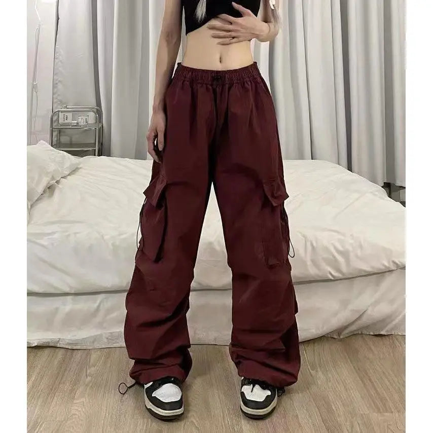 American High Street Summer Loose Straight Parachute Pants Men Solid Elastic Waist Pocket Casual Motion Wide Leg Cargo Trousers