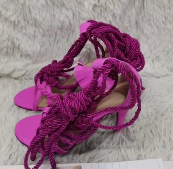 Sexy Rope Knot High Heel Sandals Braided Straps Cut Outs Summer Shoes Lace-up Stiletto Heels Gladiator Sandals Pink Brown Green