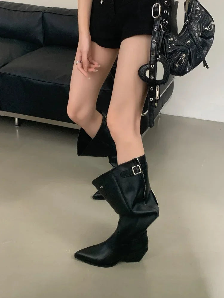 Eilyken Designer Belt Buckle Pointed Toe Women Knee-High Boots Fashion Winter Zipper Square Low Heels Female Shoes