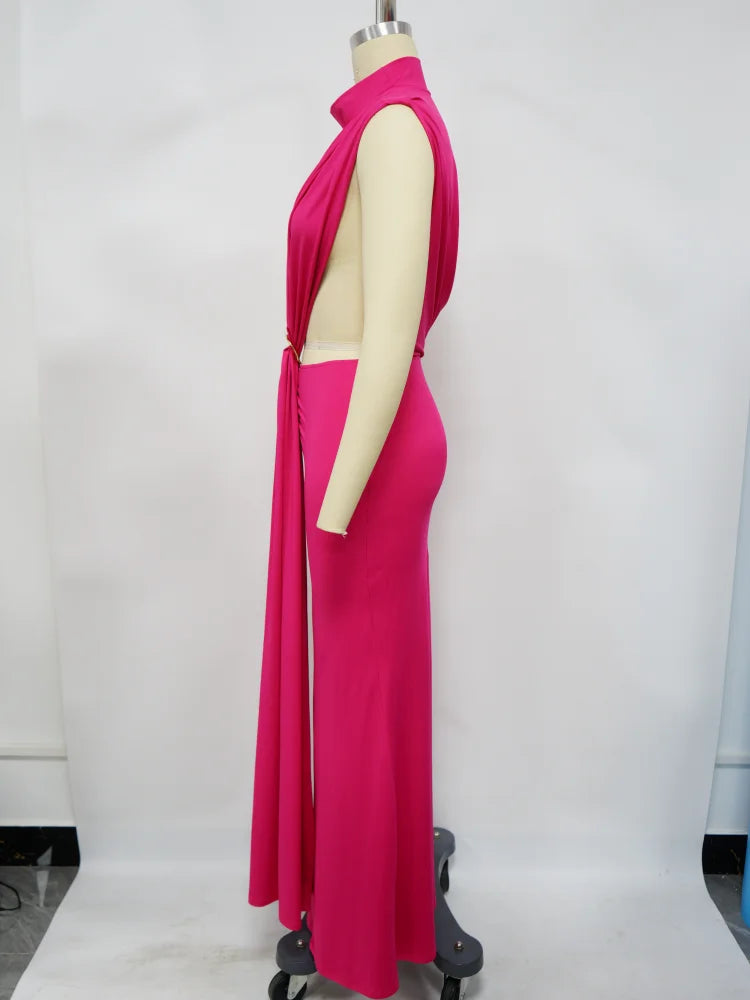 CM.YAYA Women O-neck High Split Ruched Stacked Bodycon Midi Maxi Dress 2024 Evening Party Club Vestidos Sexy Chic Long Dresses