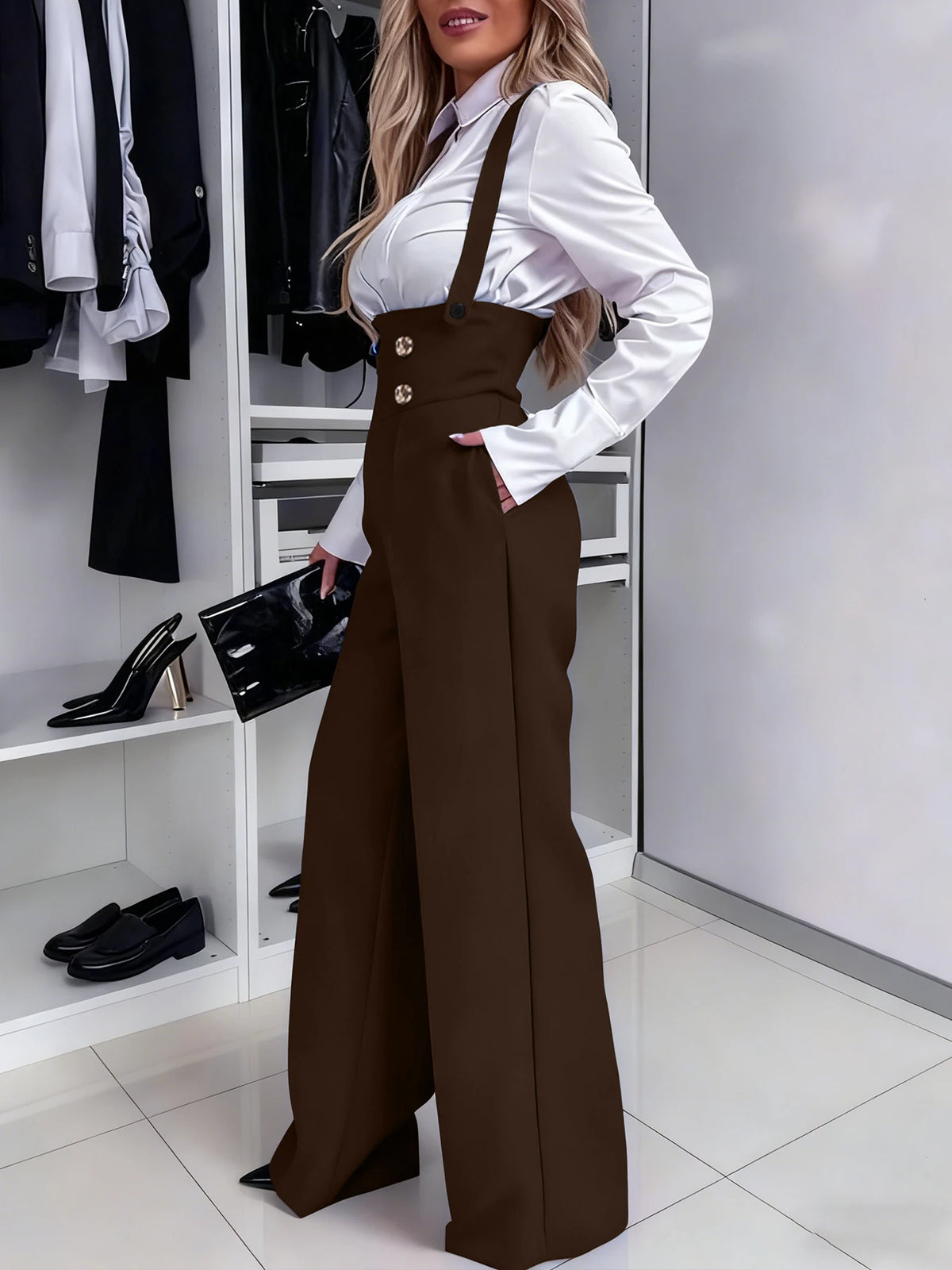 Women Brown High Waist Cross Back Suspender Flare Pants Double Breasted Button Wide Leg Overalls Business Casual Trousers