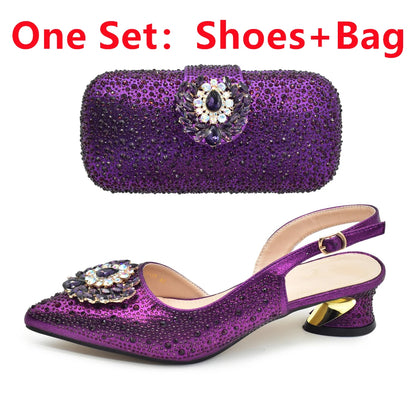 Latest Purple Italian Matching Shoes and Bag Sets Luxury Woman Pumps with Full Diamond Dual Purpose Mini Bag Wedding Shoes Bride