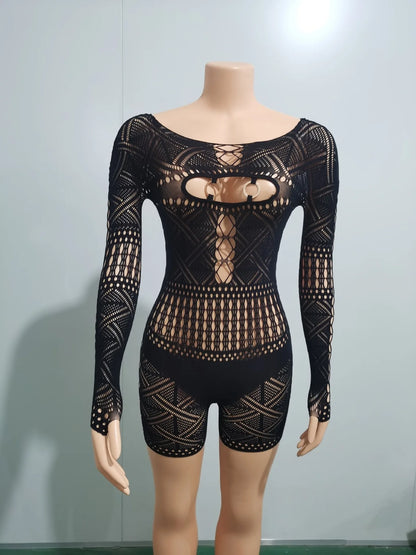 HBLL Sexy Sheer Mesh Playsuit Women Rompers Long Sleeve Hollow Out Skinny Night Club Outfit One Pieces Jumpsuit Shorts Bodysuit