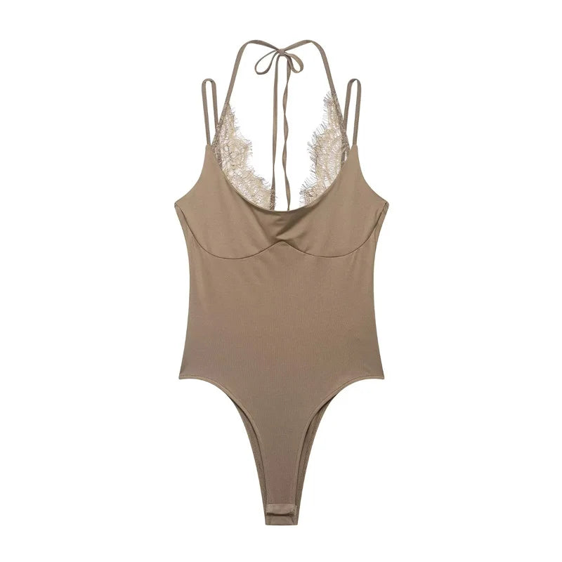 Women's Bodysuit 2026 New Fashion Summer Black Spliced Lace Bodysuit for Women Elegant Chic Personality Spaghetti Strap Bodysuit