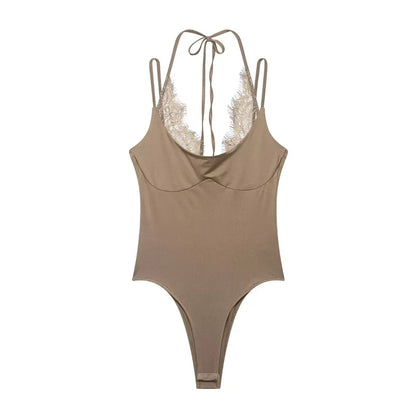 Women's Bodysuit 2026 New Fashion Summer Black Spliced Lace Bodysuit for Women Elegant Chic Personality Spaghetti Strap Bodysuit