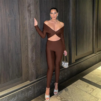 Sexy Off the Shoulder Birthday Jumpsuit for Women Night Club Outfit Party Hollow Out Ruched Skinny Long Sleeve Rompers Full Body