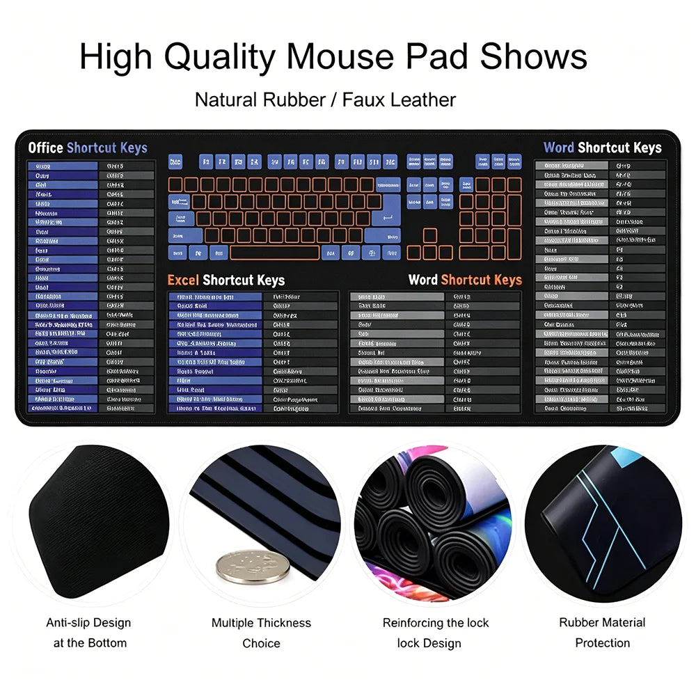 Windows Word Excel Office Shortcut Keys XXL Mouse Pad Non-Slip Large Gaming Office Esports User PC Desk Mat Cheat Sheet Mousepad