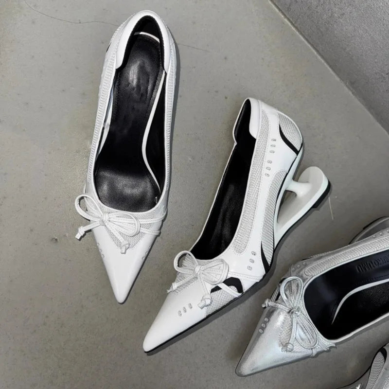 Special Heel Spliced Heels Pointed Toe Heels Women's Fashion Shallow Mouth Bow Non-Slip Mary Jane Single Shoes Large 42