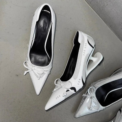 Special Heel Spliced Heels Pointed Toe Heels Women's Fashion Shallow Mouth Bow Non-Slip Mary Jane Single Shoes Large 42
