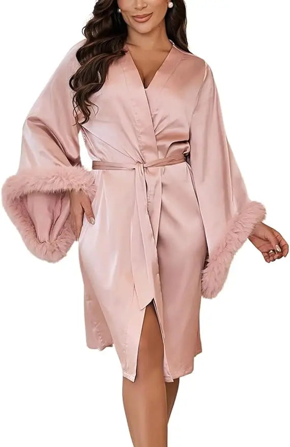 Vestidos De Novia Satin Kimono Women Short Robe Feather Sleeve Bride Wedding Dress Sexy Lingerie Pijama Mujer Bridesmids Gown