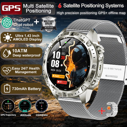 2026New Military Tank GPS SmartWatch Offline Map 10ATM Swim 2GB RAM Music Altitude Compass Bt Call Fitness Sports Smartwatch Men
