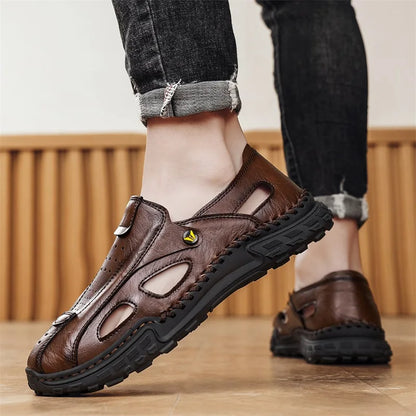 Men Sandals New Hollow Leather Casual Comfortable Trendy Beach Shoes Outdoor Walking Non Slip Bag Toe Walking Shoes for Men