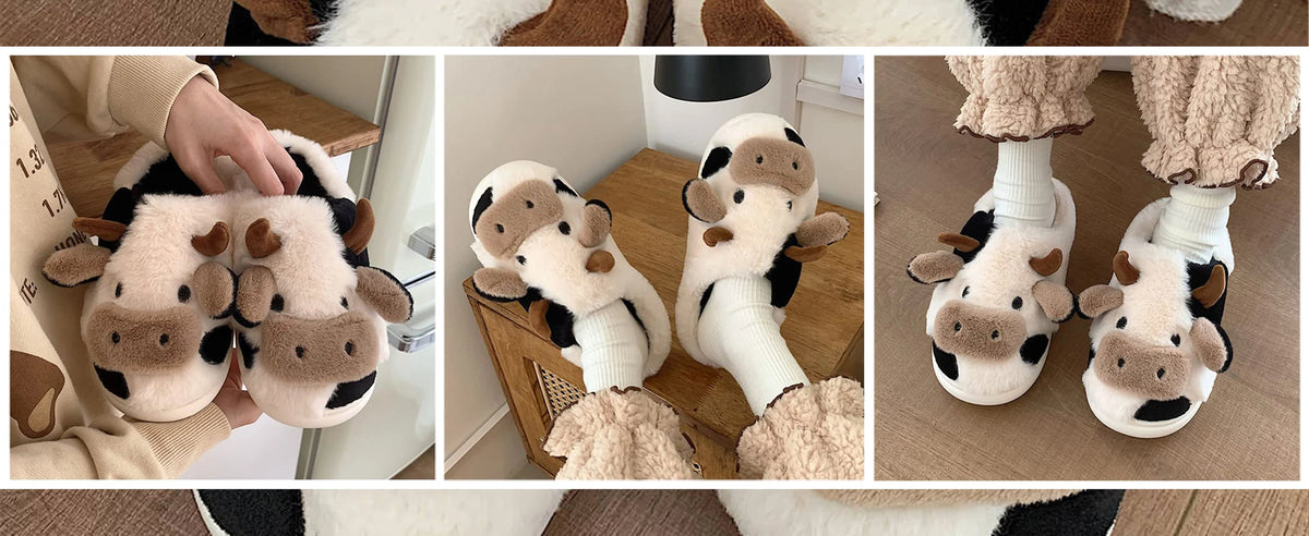 Shevalues Plush Cartoon Milk Cow Slippers Winter Women Slippers Furry Non-Slips Women Cotton Slides Couples Soft Cozy Flat Shoes