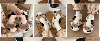 Shevalues Plush Cartoon Milk Cow Slippers Winter Women Slippers Furry Non-Slips Women Cotton Slides Couples Soft Cozy Flat Shoes