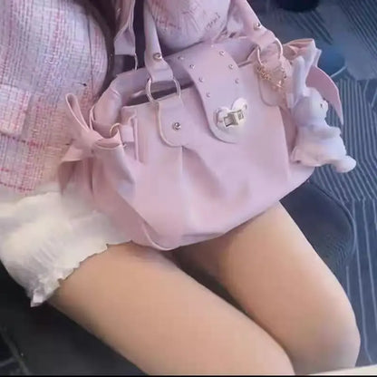 Harajuku Bow Pink Hand Bag Purse Women Japanese Style Soft Casual Crossbody Bag Ladies Sweet Cute Large Capacity Shoulder Bags