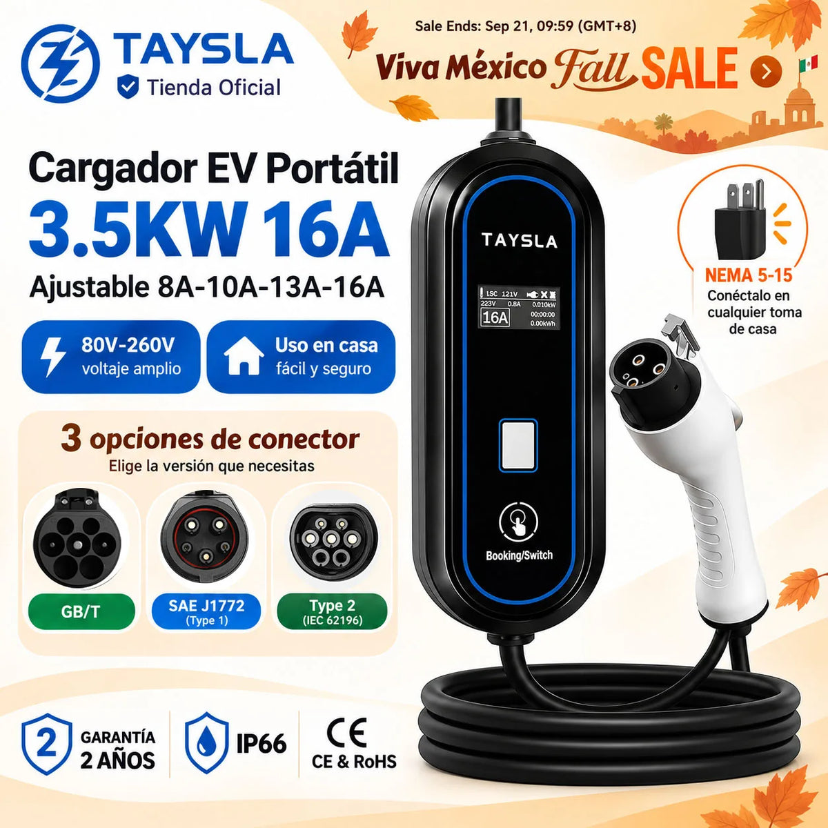 TAYSLA 3.5KW 16A Portable EV Charger NEMA 5-15 Plug TYPE1 SAE J1772 TYPE2 GB/T Electric Car Charger for BYD Geely EX2 Changan