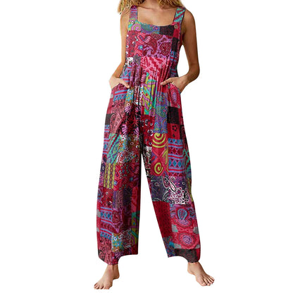 Captivating New Women Summer Overalls, Multicolor Ethnic Style Square Neck Sleeveless Casual Jumpsuit with Pockets for Girls