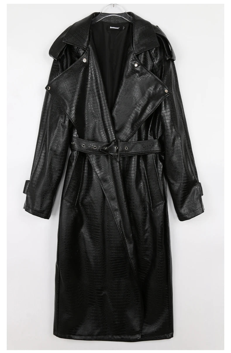 Nerazzurri Spring Autumn Long Oversized Colorful Snakeskin Print Patent Leather Trench Coat for Women Belt Runway Fashion 2022