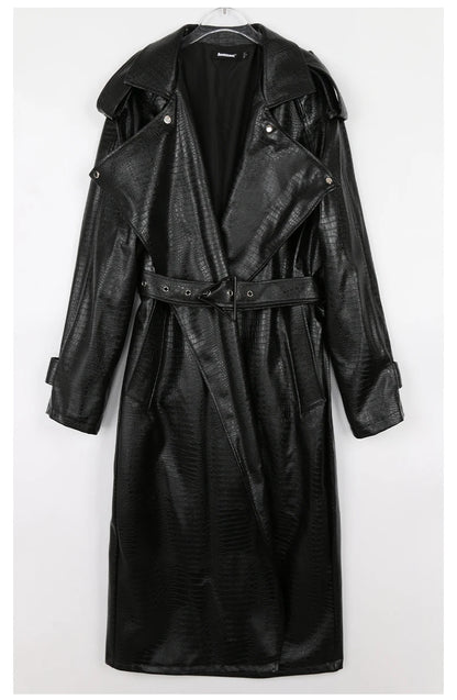 Nerazzurri Spring Autumn Long Oversized Colorful Snakeskin Print Patent Leather Trench Coat for Women Belt Runway Fashion 2022