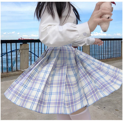 [Starlight] New Long/Short sleeve Summer High Waist Plaid Pleated Skirts Women Dress JK School Uniform Students Girls Clothes