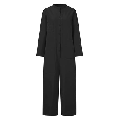 Solid Color Casual Loose Pocket Jumpsuit Women New Fall Simple Long Sleeve Shirt Female Vacation Rompers Fashionable Streetwear