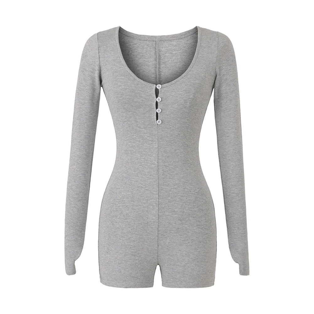 Women Yoga Playsuits Long Sleeve Buttons Jumpsuits Solid Color Slim Fit Stretch One Piece Short Romper Sexy Ladie Thumb Clasp