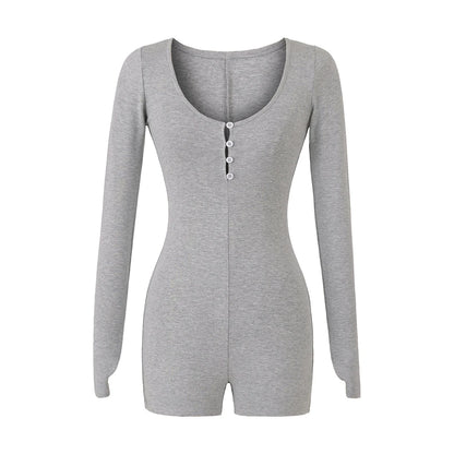 Women Yoga Playsuits Long Sleeve Buttons Jumpsuits Solid Color Slim Fit Stretch One Piece Short Romper Sexy Ladie Thumb Clasp